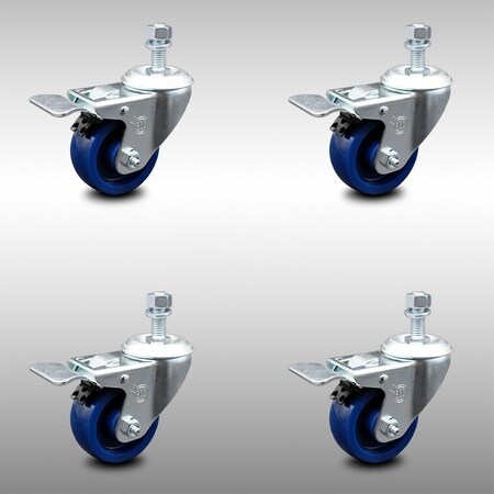 Service Caster 3 Inch SS Solid Polyurethane 3/8 Inch Threaded Stem Caster Set Total Lock Brake SCC-SSTSTTL20S314-SPUS-381615-4